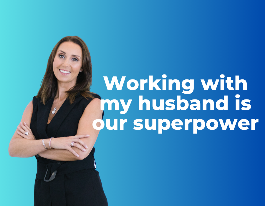 business woman, leanne carling standing beside words that read 'working with my husband is our superpower'