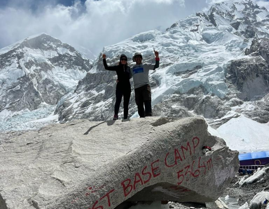 Successful entrepreneurs Graeme and Leanne Carling celebrating reaching Base Camp Mount Everest after a trek to fundraise for Type-1 Diabetes charity JDRF