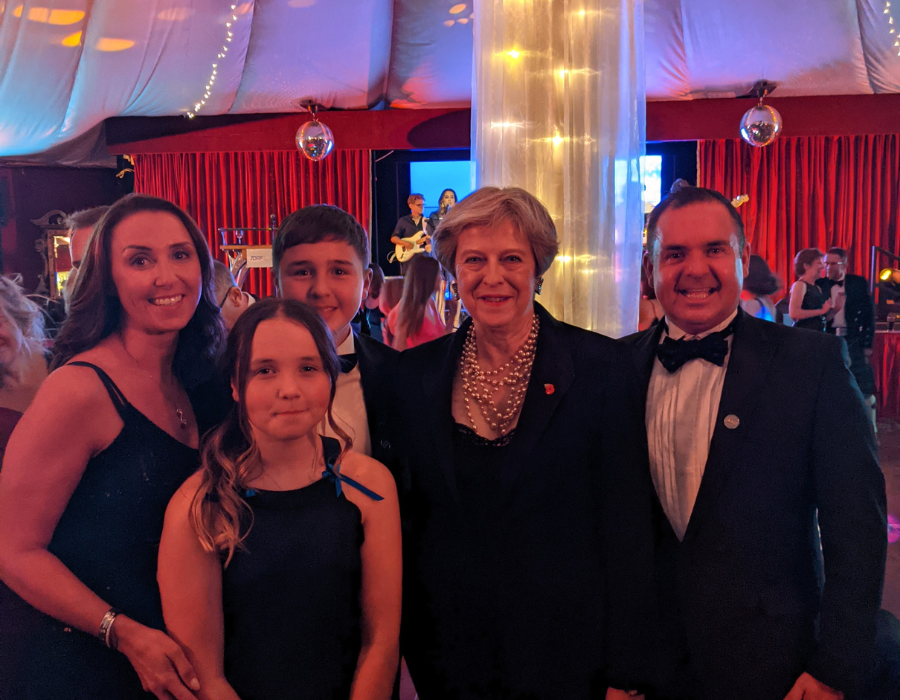 Graeme, Leanne, Mitchell and Blaire Carling pictures meeting former Prime Minister Teresa May at JDRF 100 Year Anniversary Ball in Edinburgh
